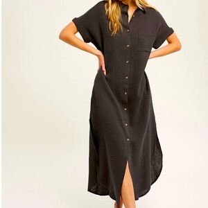 NWT Pampelone Black Classic Shirt Dress Button Down, Size Small (Runs Big)